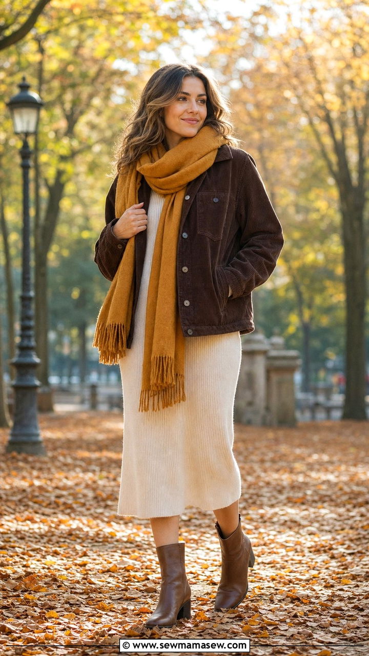 Corduroy jacket with knit midi dress and ankle boots - 25 Dark academia outfit ideas 2026