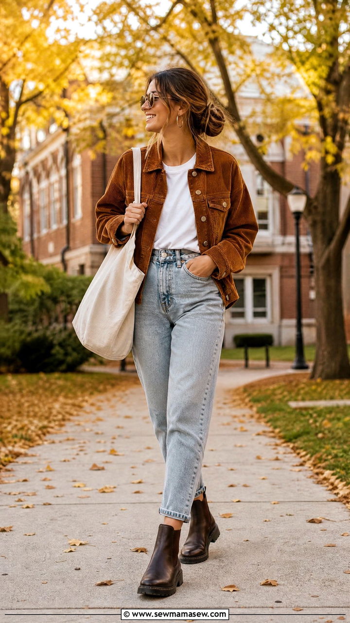 Corduroy jacket with mom jeans outfit fall casual - 30 Cute outfits for college girls