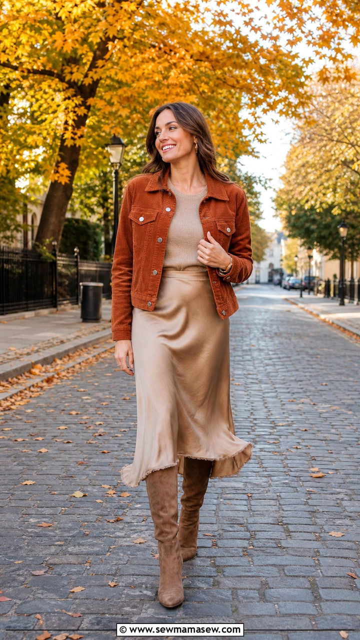 Corduroy jacket with satin midi skirt outfit - 40 Paris outfits