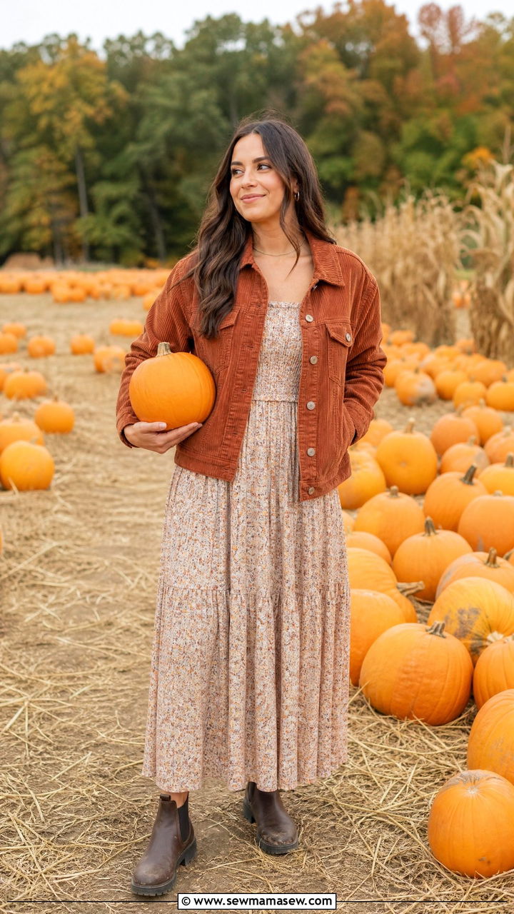 Corduroy jacket with smocked maxi dress and Chelsea boots - 30 Maxi dress outfit ideas with a jacket