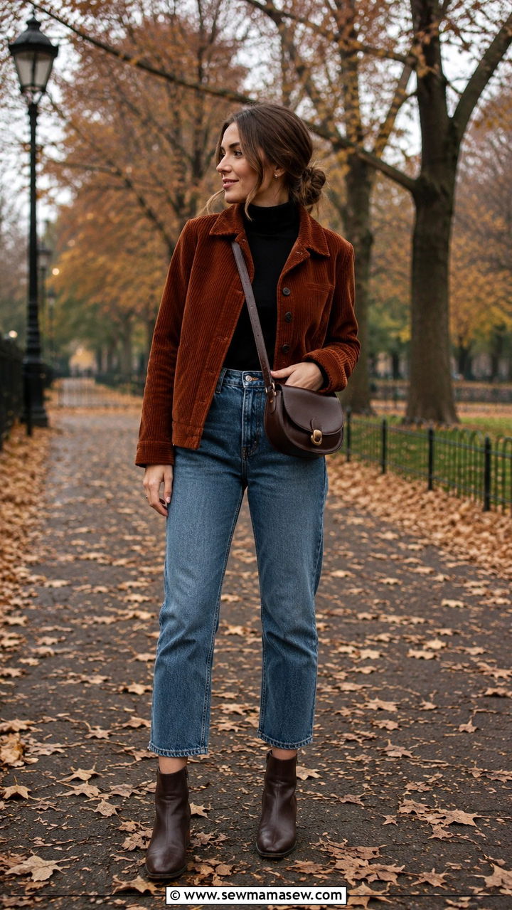 Corduroy jacket with turtleneck and cropped jeans - 30 Overcast day outfit ideas