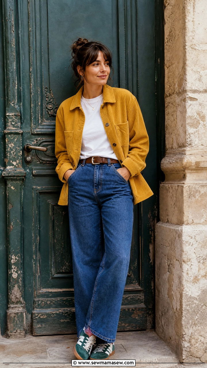 Corduroy jacket with wide leg jeans Budapest casual outfit - 25 Budapest outfit ideas