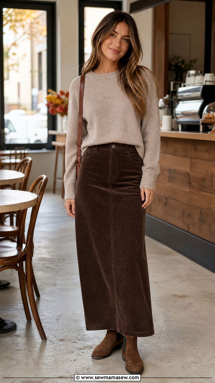 Corduroy maxi skirt with sweater outfit - 35 how to style maxi skirt
