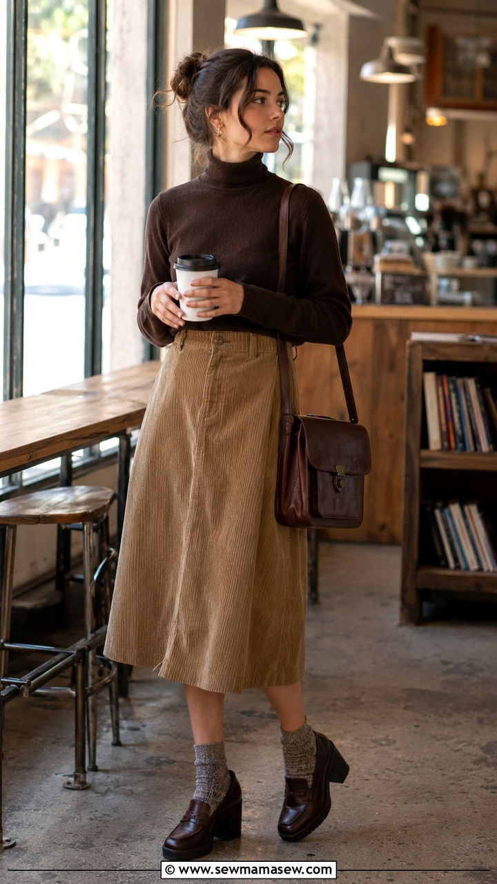 Corduroy midi skirt with chunky heel loafers - 30 Midi skirt outfit ideas with heels