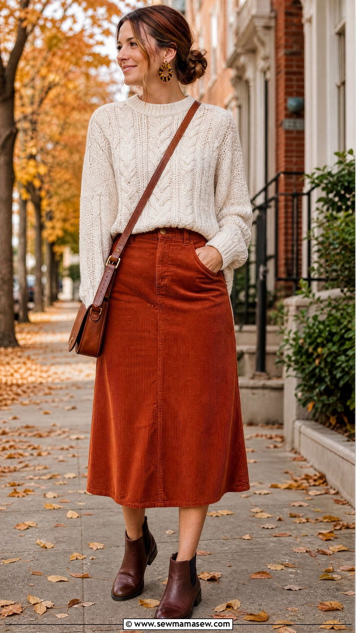 Corduroy midi skirt with chunky sweater and Chelsea boots - 25 chic midi skirt outfit ideas