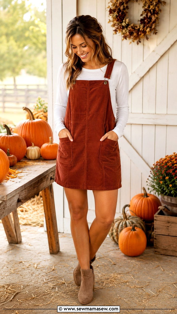 Corduroy overall dress with a long sleeve tee and ankle booties - 30 Pumpkin carving party outfit ideas