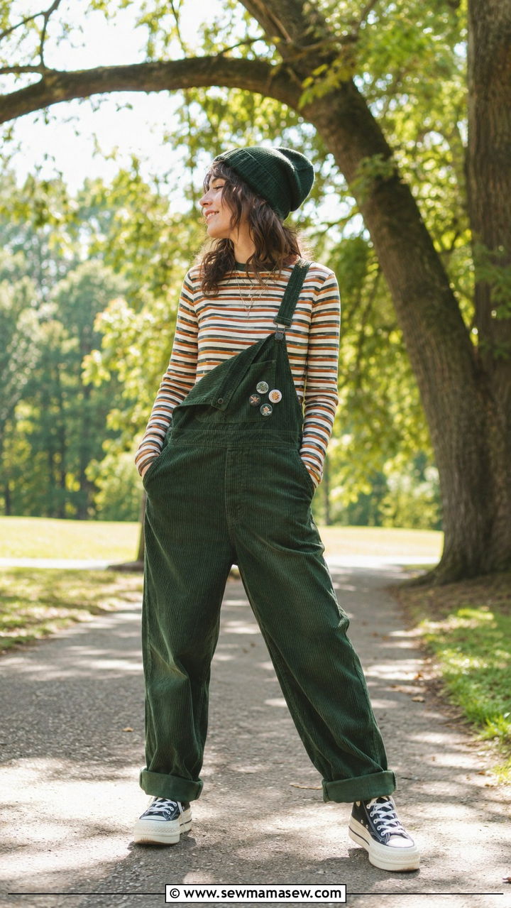 Corduroy overalls with striped tee and platform sneakers - 30 grunge outfits to copy