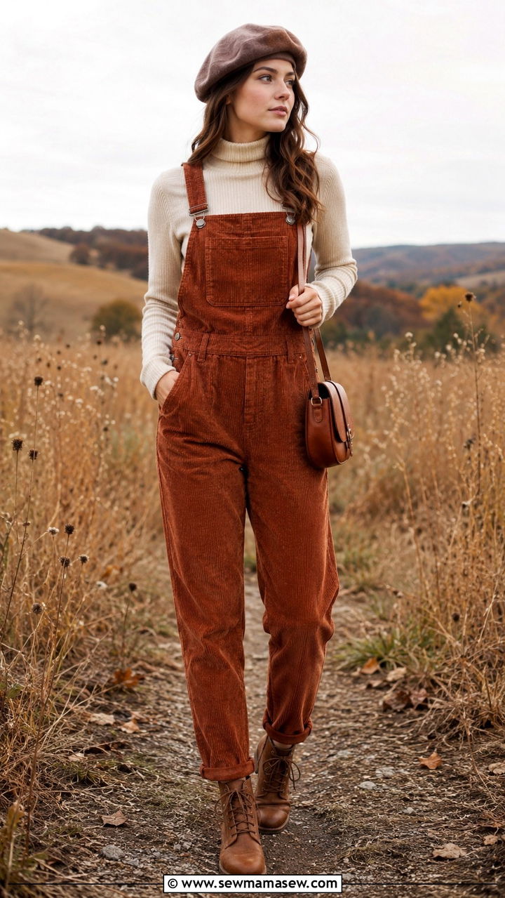 Corduroy overalls with turtleneck - 30 spring cottagecore outfit ideas