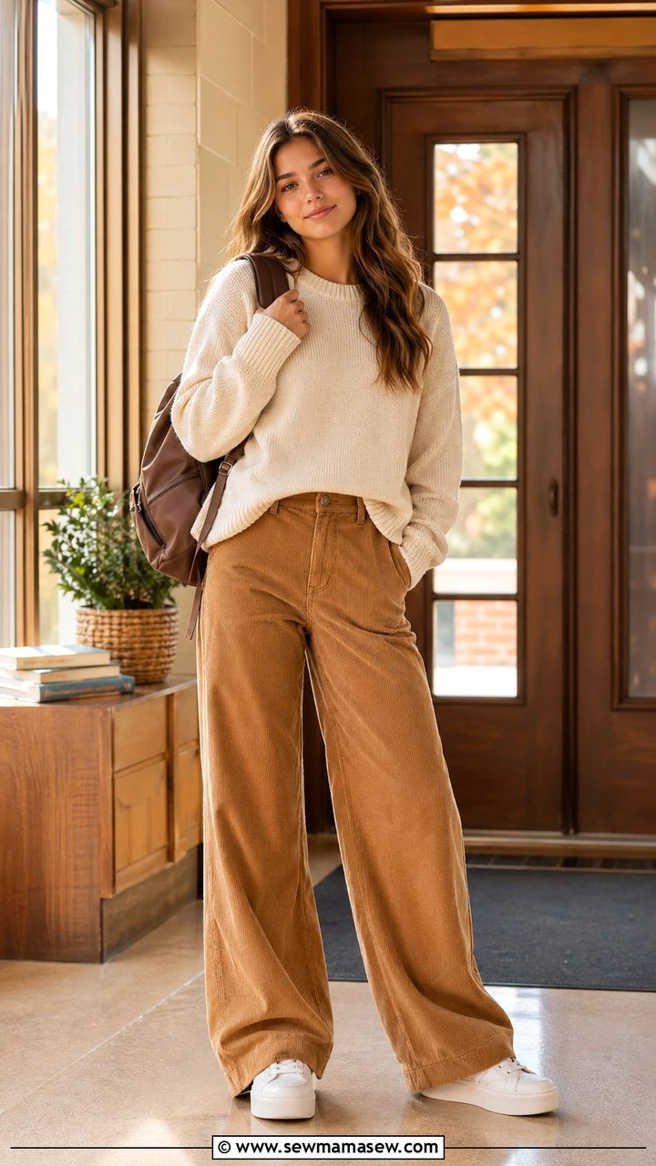 Corduroy pants and crewneck sweater outfit for school - 35 Back to school outfit ideas 9th grade