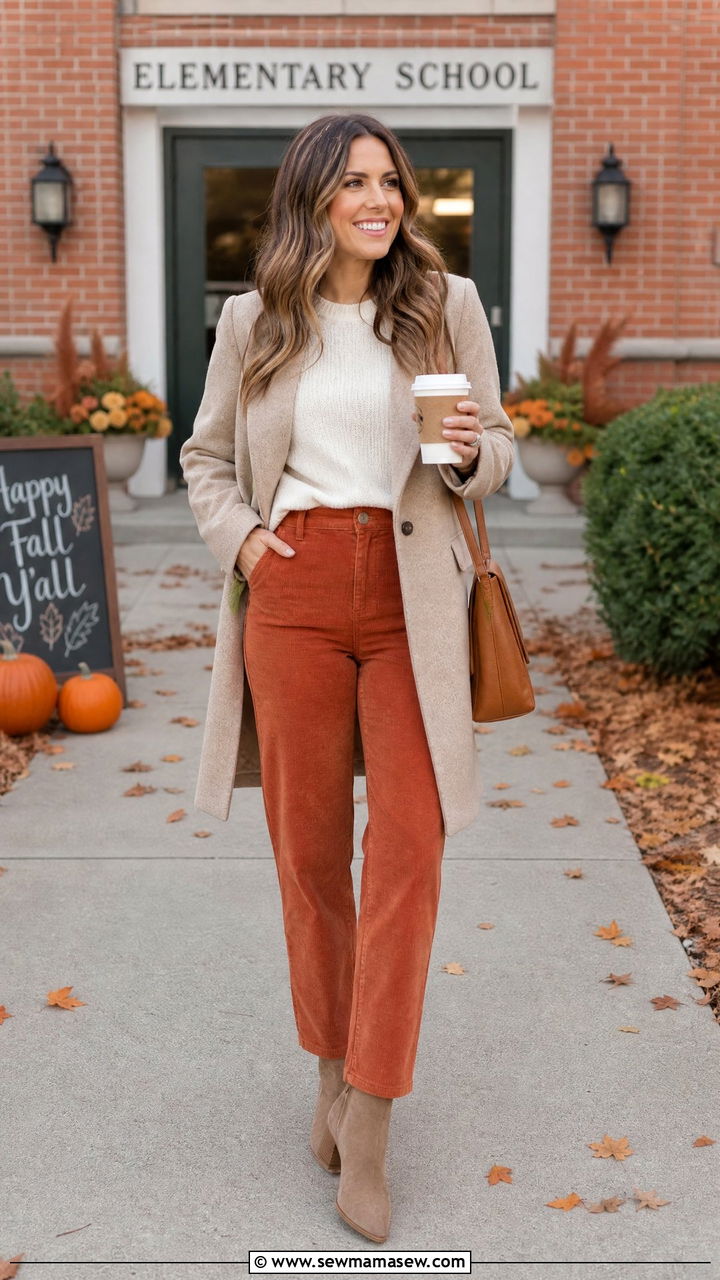 Corduroy pants and crewneck sweater teacher outfit - 30 Elementary teacher outfit ideas
