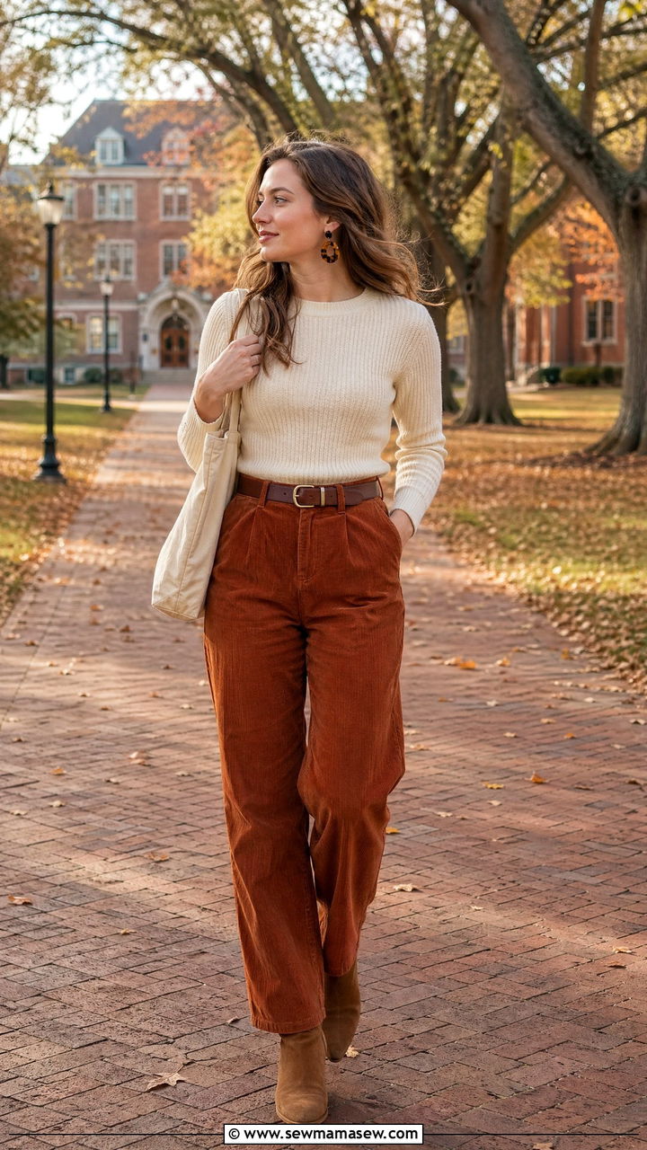 Corduroy pants and knit sweater retro campus outfit - 35 First day of college outfit ideas