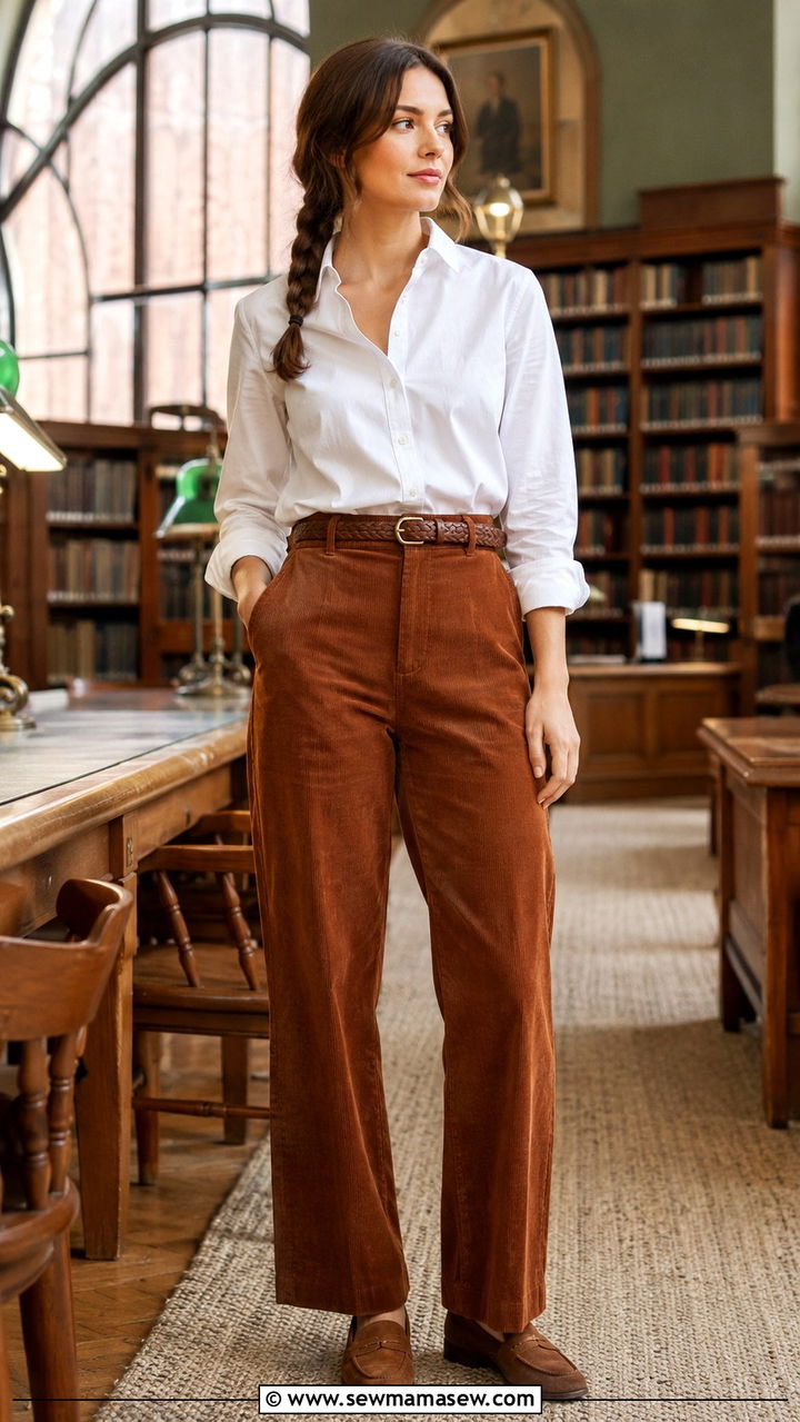 Corduroy pants and oxford shirt outfit - 30 librarian core outfits for women