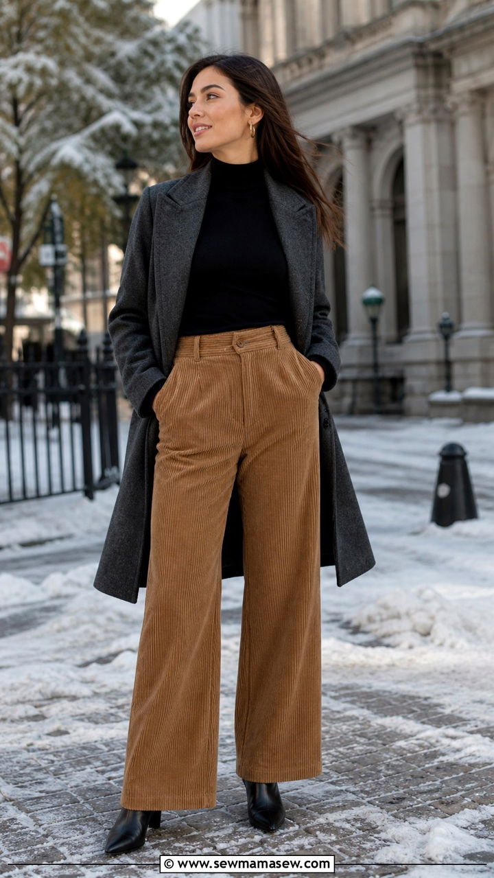Corduroy pants and turtleneck winter travel outfit - 40 travel outfits for women