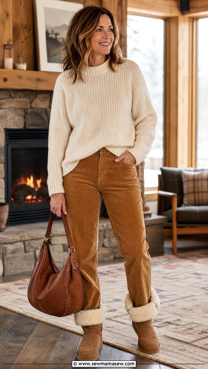 Corduroy pants with a chunky sweater and shearling lined boots - 35 Midsize outfits for women over 40