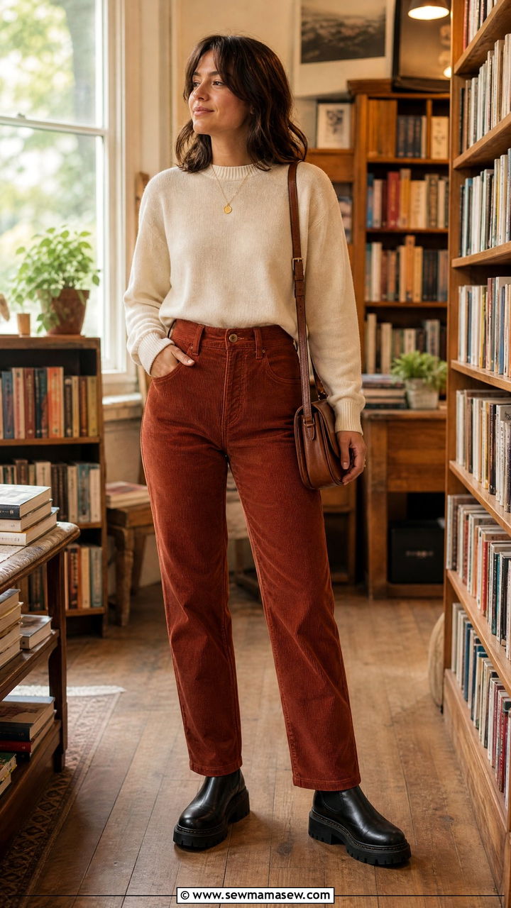 Corduroy pants with a lightweight sweater and platform boots - 30 summer to fall outfits for women