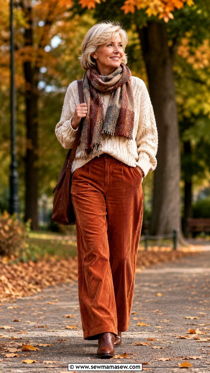 Corduroy pants with chunky sweater outfit - 20 60 year old woman outfit ideas