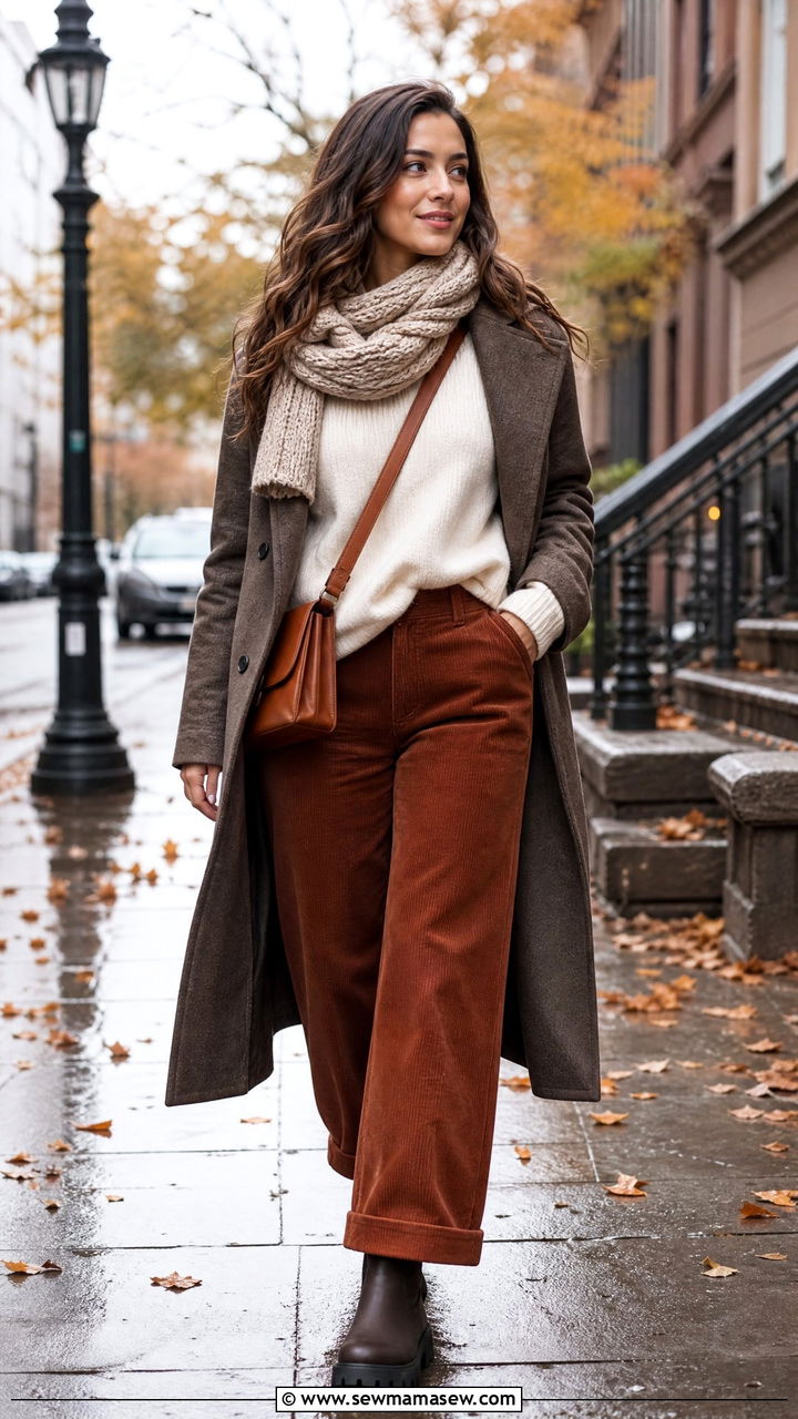 Corduroy pants with crewneck sweater and lug sole boots - 30 Cozy rainy day outfit ideas
