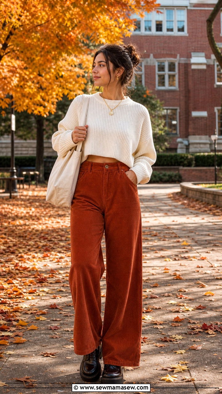 Corduroy pants with cropped sweater outfit - 40 school outfits