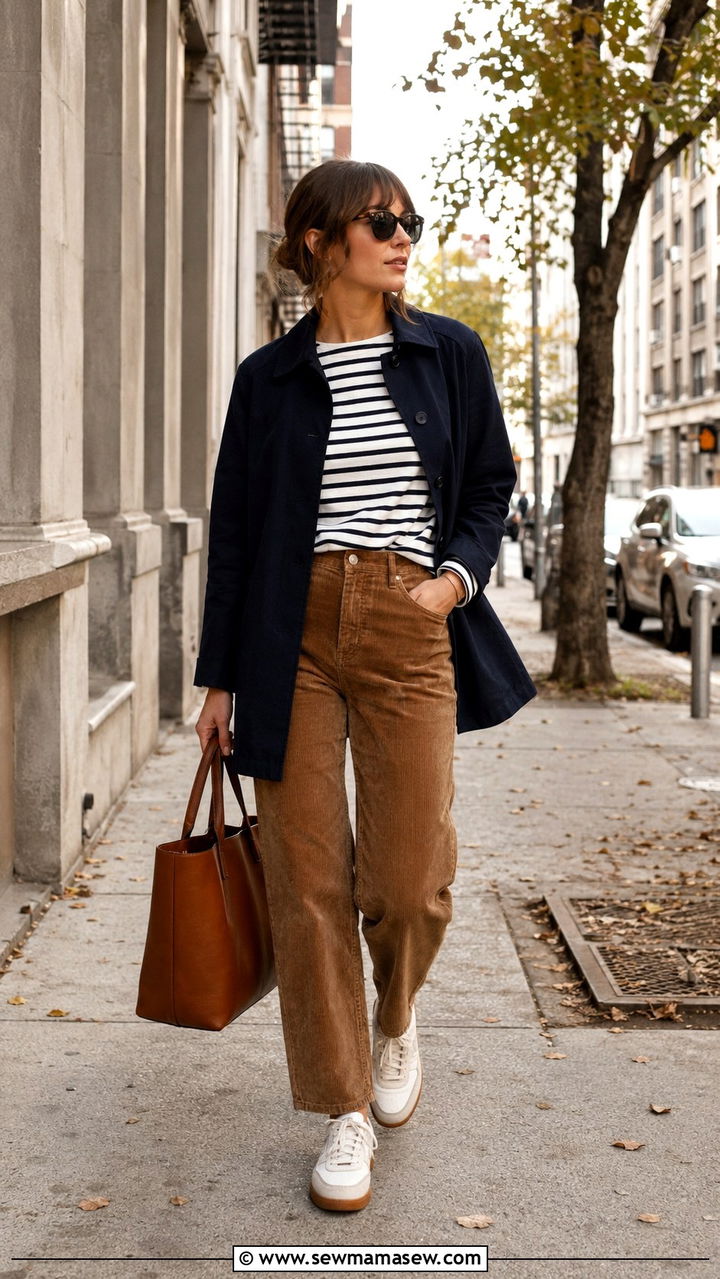 Corduroy pants with striped long sleeve tee outfit - 30 In between season outfit ideas