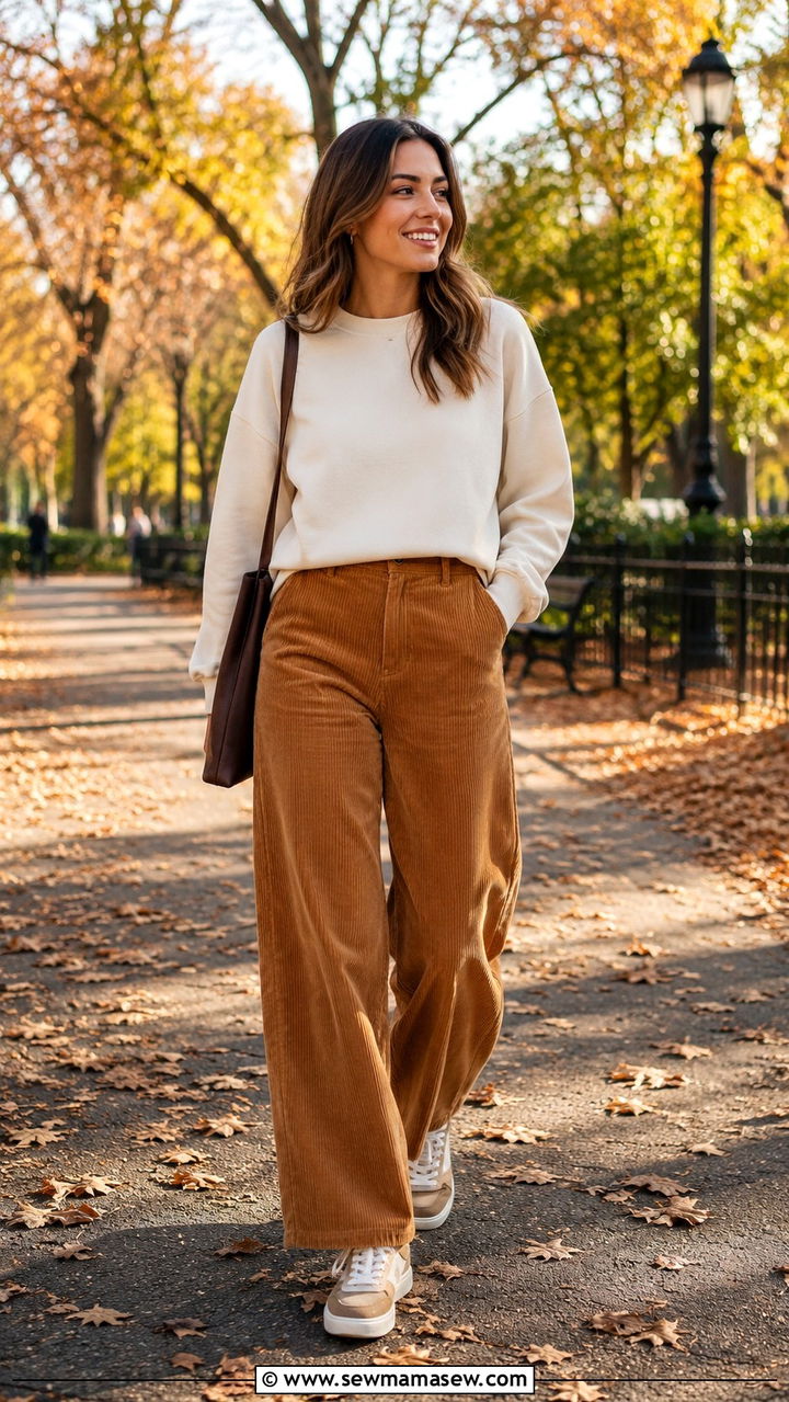 Corduroy pants with sweatshirt and sneakers - 30 transitional sneaker outfit ideas