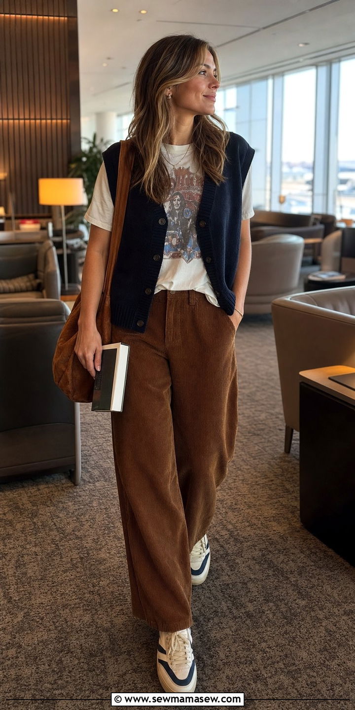 Corduroy pants with vintage tee and sweater vest - 35 Airport outfits for long flights