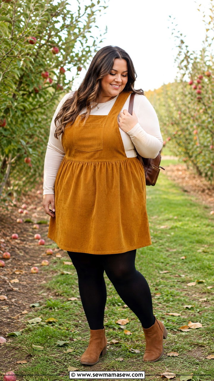 Corduroy pinafore and long sleeve tee fall outfit - 30 Plus size outfit ideas for moms