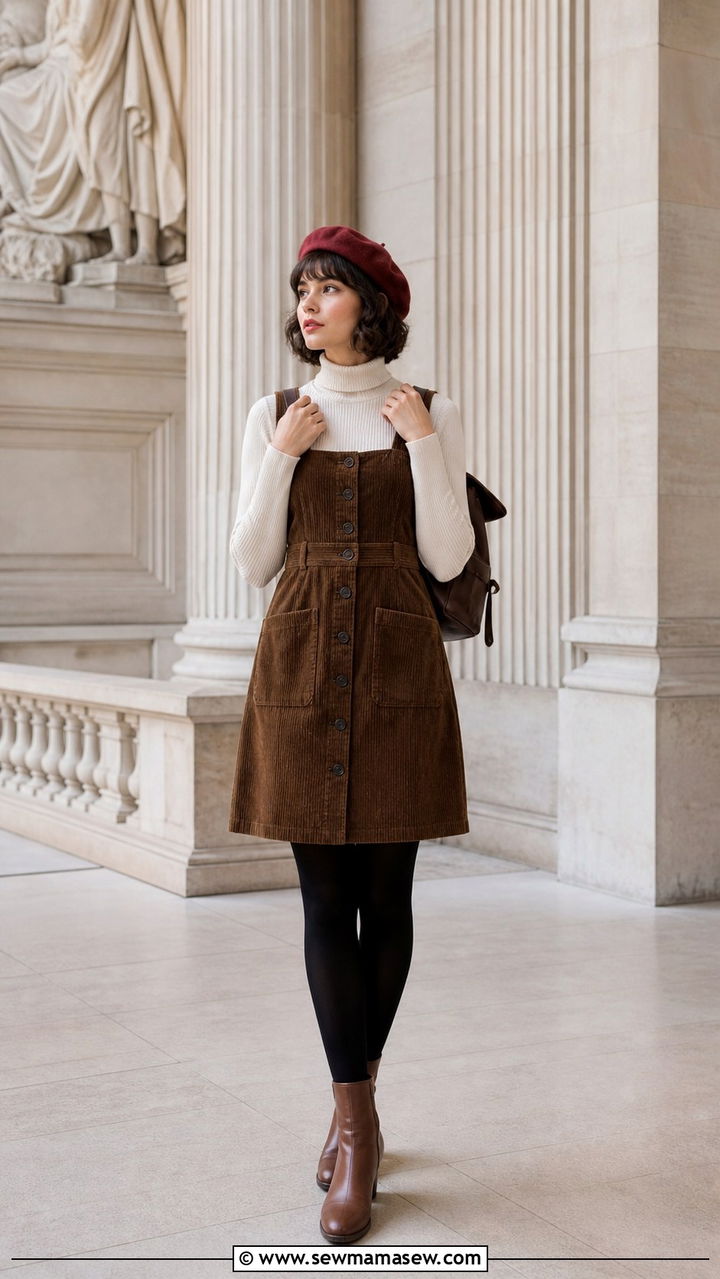 Corduroy pinafore dress with turtleneck and beret outfit - 40 light academia outfits