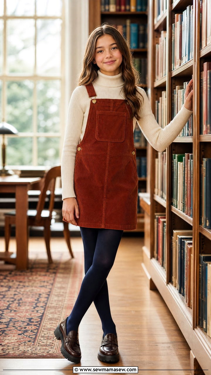 Corduroy pinafore dress with turtleneck and tights - 25 Tween outfit ideas for 12 year olds