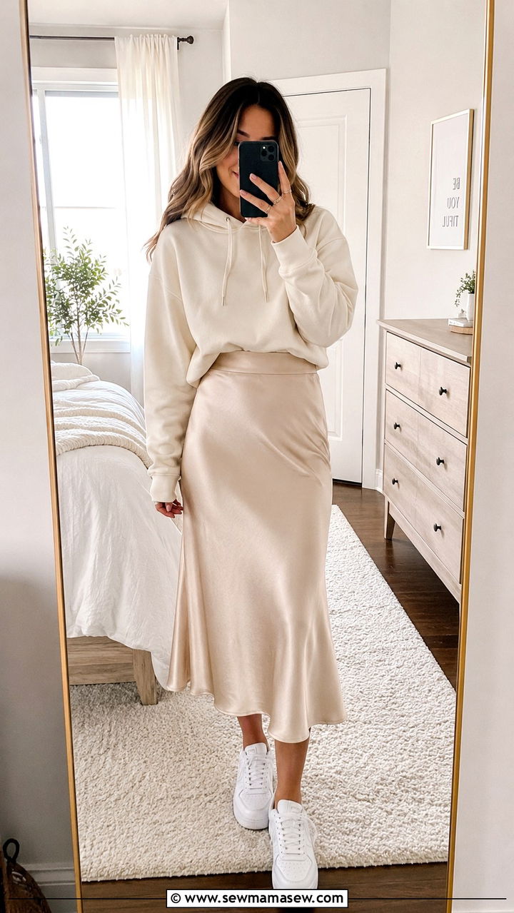 Corduroy shirt jacket over a slip skirt outfit - 20 Summer outfits for 55 degree weather