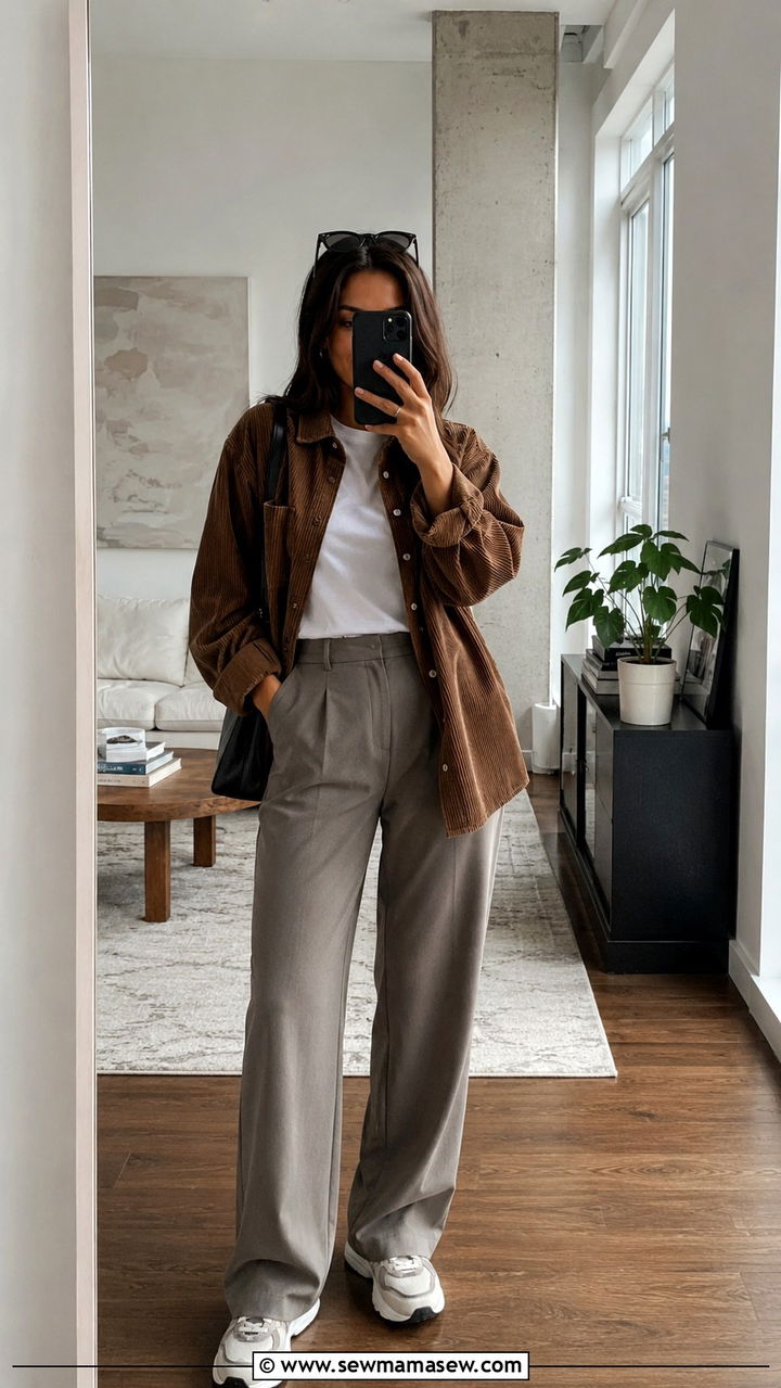 Corduroy shirt jacket with white tee and relaxed slacks - 20 Eclectic grandpa outfit ideas 2026