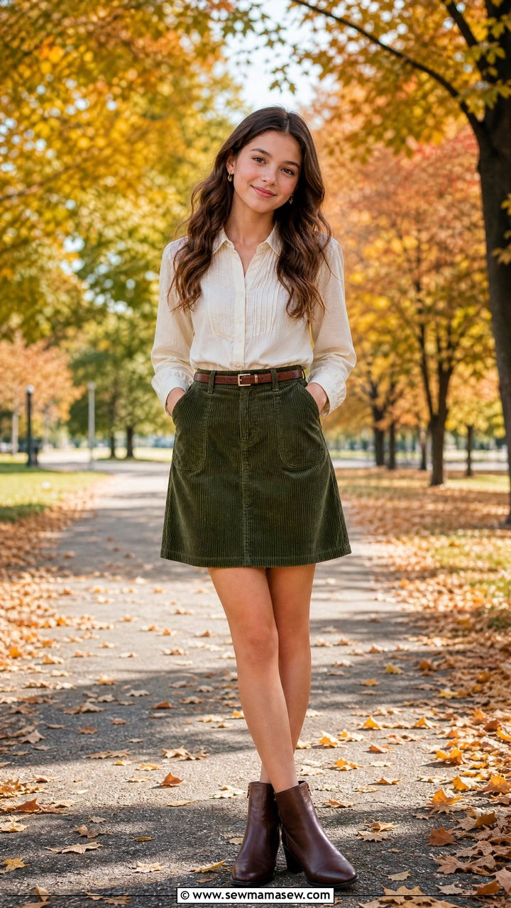 Corduroy skirt with tucked in blouse look - 25 High school picture day outfit ideas