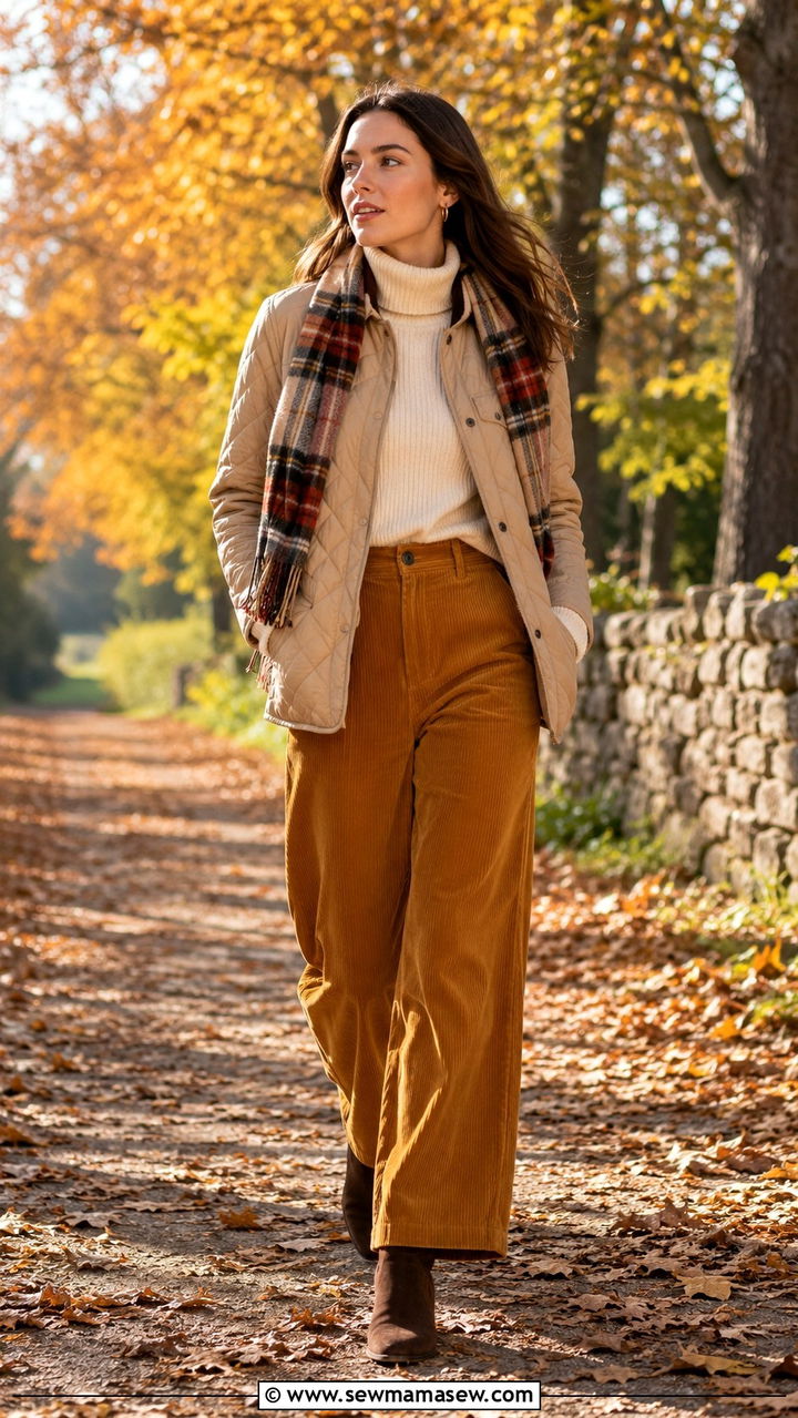 Corduroy trousers and a quilted jacket with ankle boots - 30 Grandma chic outfit ideas