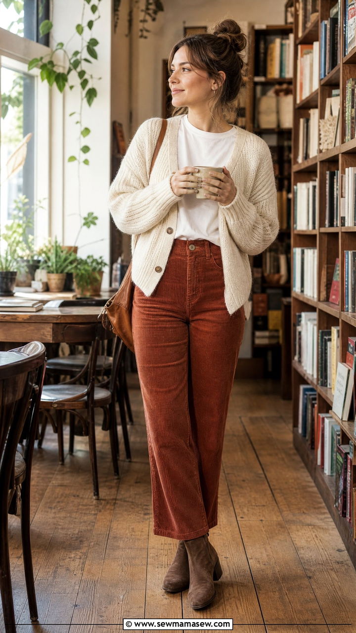 Corduroy trousers and cardigan librarian outfit - 25 librarian core outfits to copy