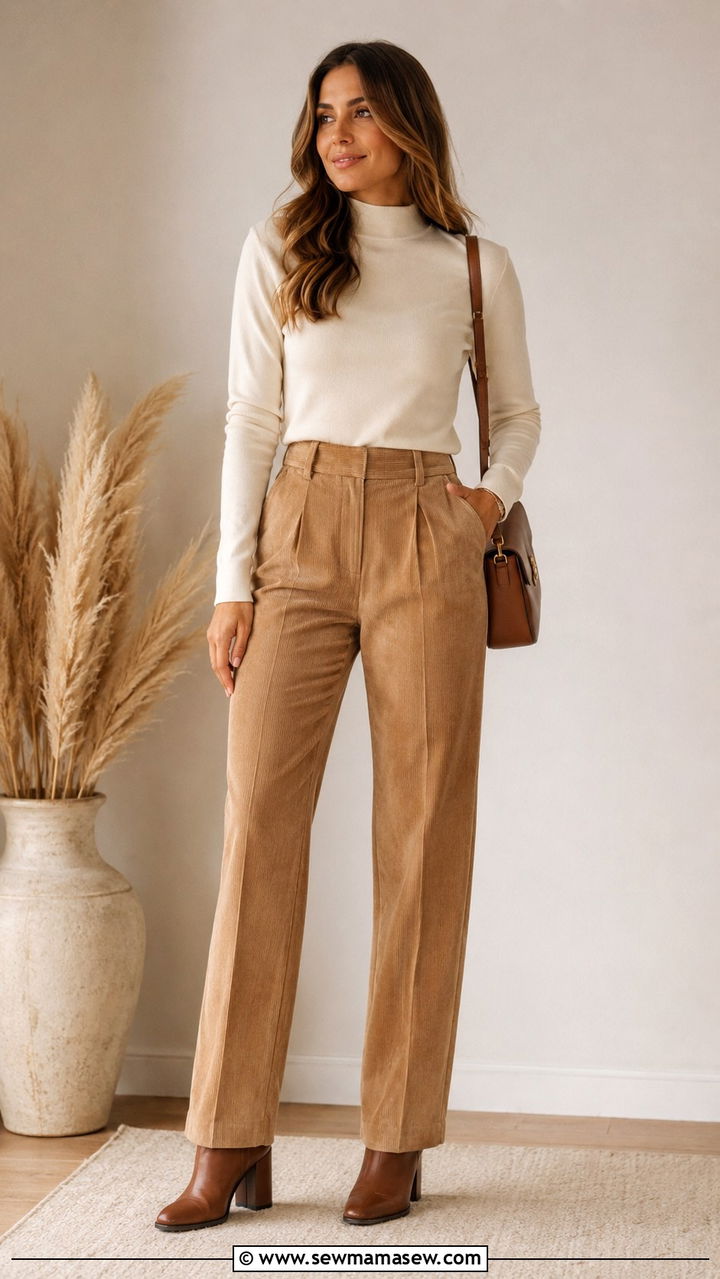 Corduroy trousers and mock neck top outfit - 30 transitional work outfit ideas