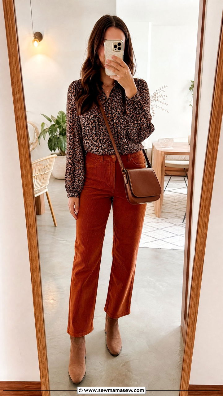 Corduroy trousers and patterned blouse - 30 modest brunch outfit ideas
