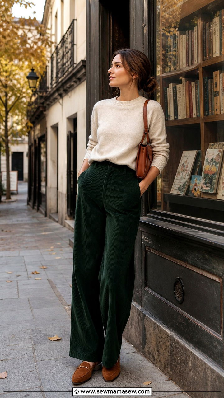 Corduroy trousers with a fine knit sweater and suede loafers - 40 What to wear in Madrid