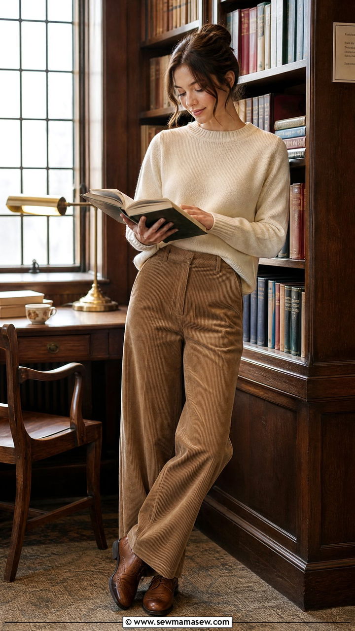 Corduroy trousers with a lightweight sweater and oxford shoes - 35 Librarian outfit ideas for work