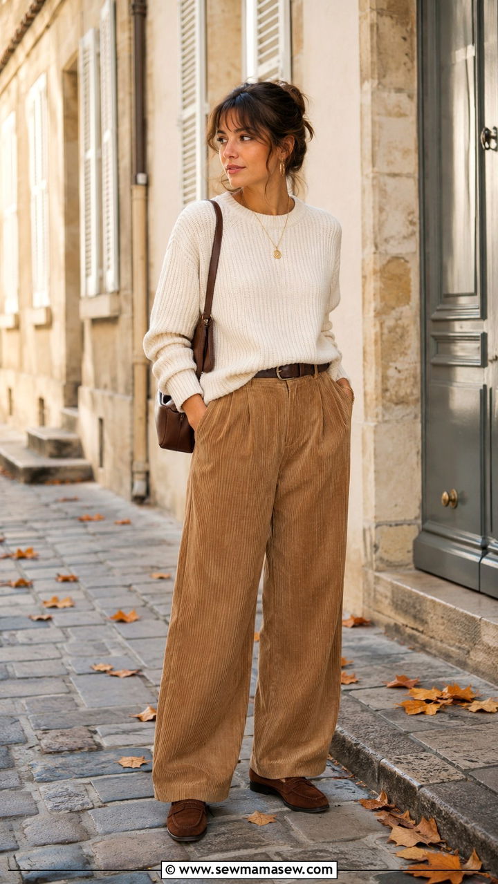 Corduroy trousers with a ribbed knit and suede loafers - 30 casual french girl outfits