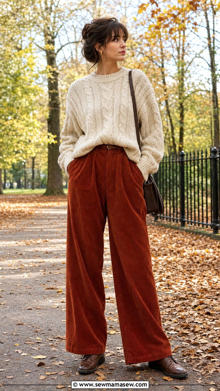 Corduroy trousers with cable knit sweater - 25 dark academia outfits inspo
