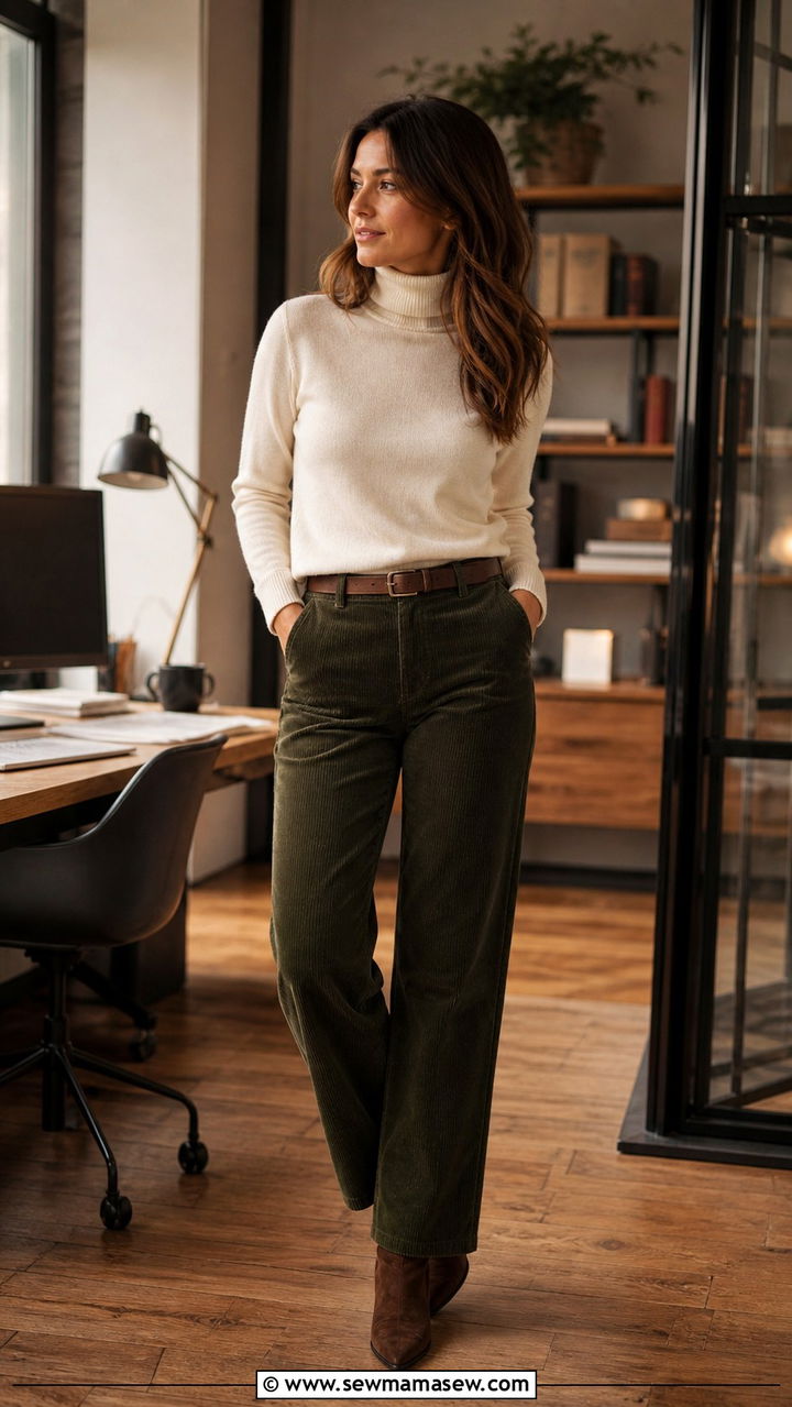 Corduroy trousers with roll neck sweater and suede ankle boots - 40 casual office outfits