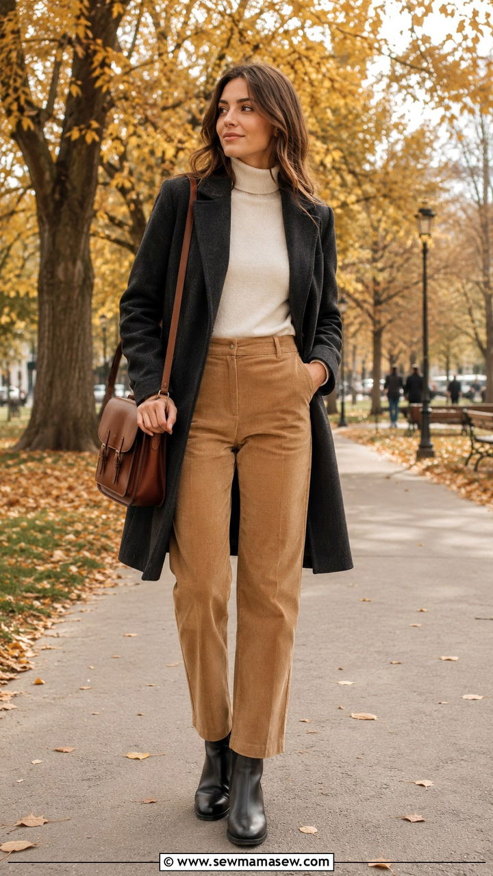 Corduroy trousers with turtleneck and Chelsea boots - 30 Internship outfit ideas for women