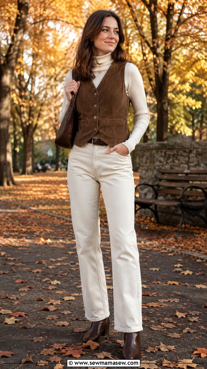 Corduroy waistcoat with turtleneck and straight leg pants - 30 chic waistcoat vest outfit ideas