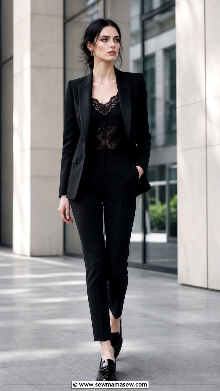 Corporate goth black tailored blazer with slim trousers and lace shell - 40 Gothic outfit ideas