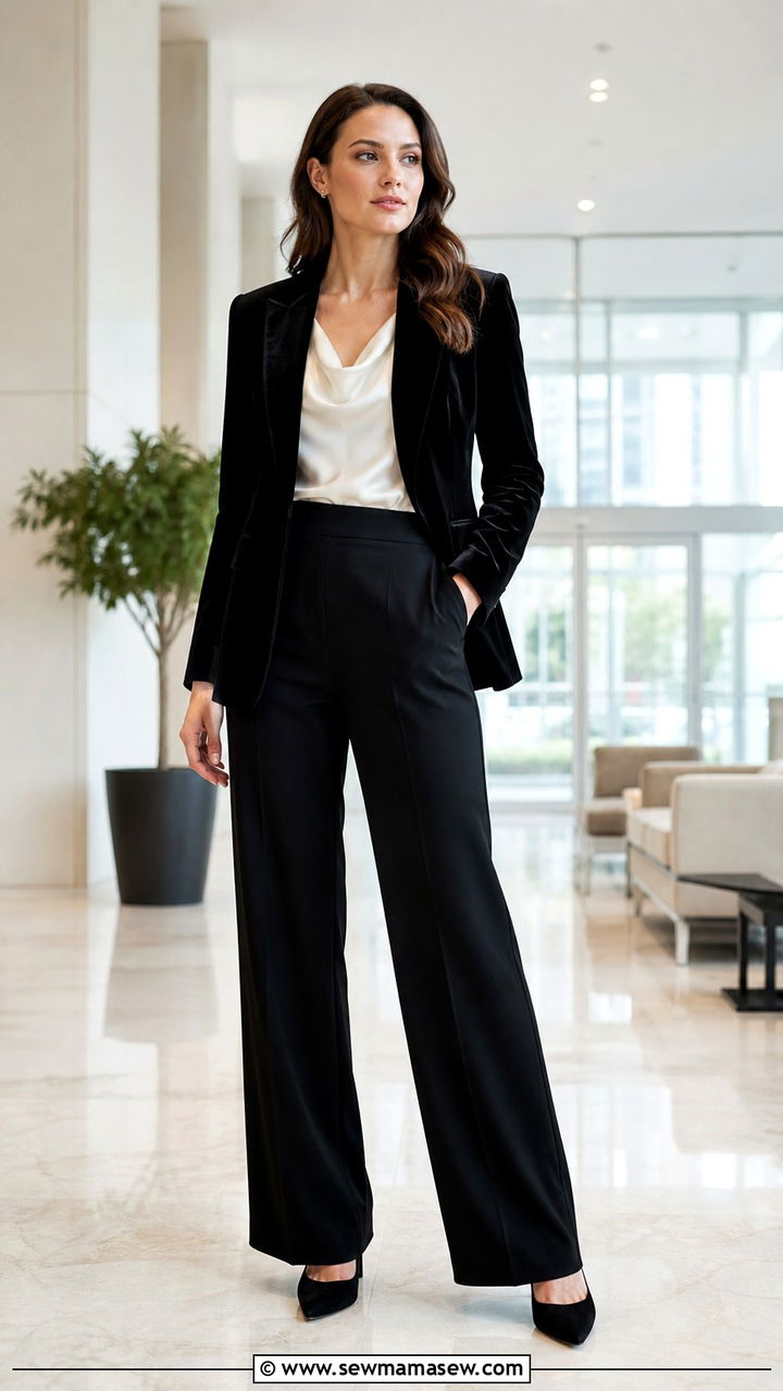 Corporate goth velvet blazer with ivory silk shell and wide leg trousers - 40 Gothic outfit ideas