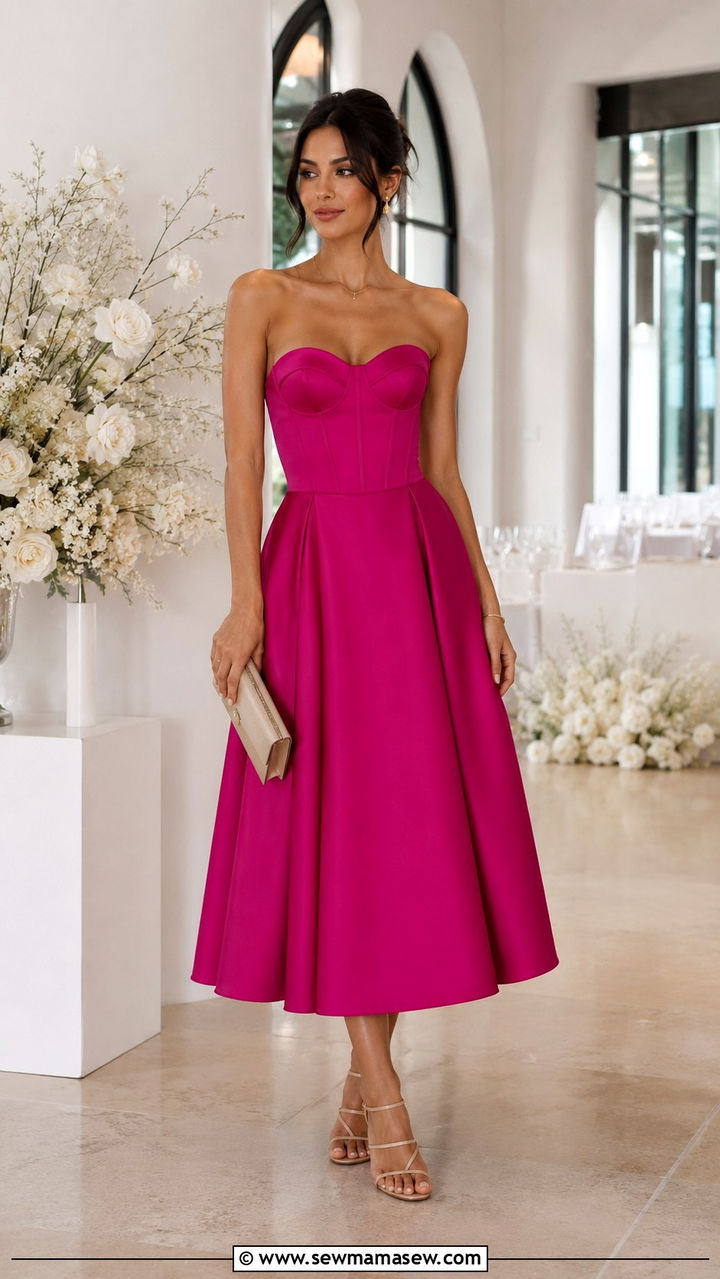 Corset A Line Dress with Minimal Jewelry - 25 Wedding guest outfit ideas A line dress