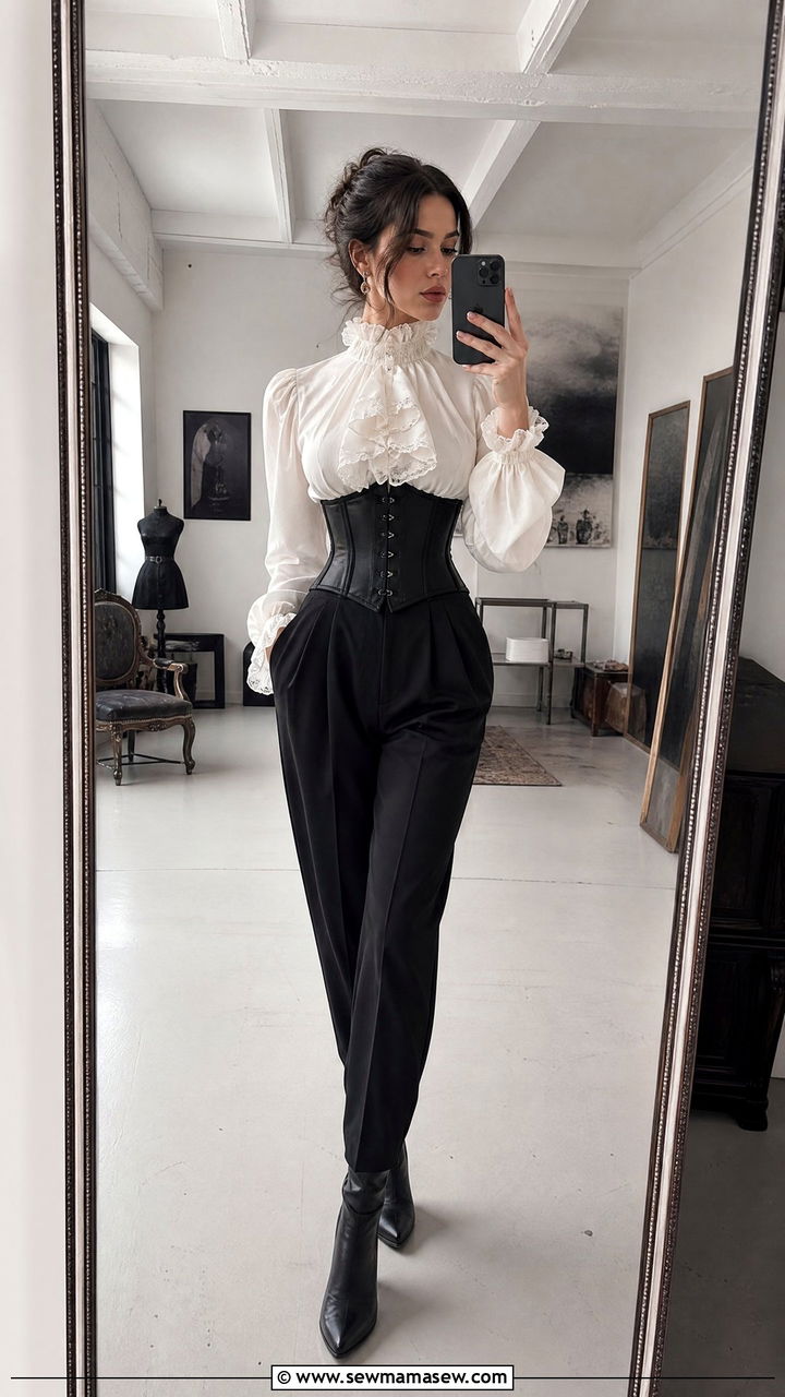 Corset Belt Over Victorian Ruffled Blouse - 30 Dark romance outfit ideas