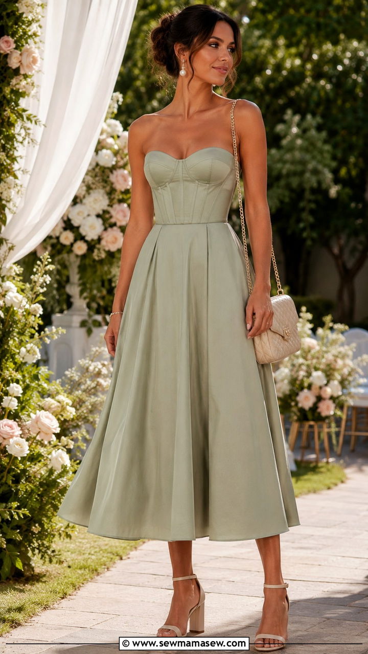 Corset Bodice A Line Midi Dress With Ankle Strap Heels - 25 Wedding guest outfit ideas hourglass