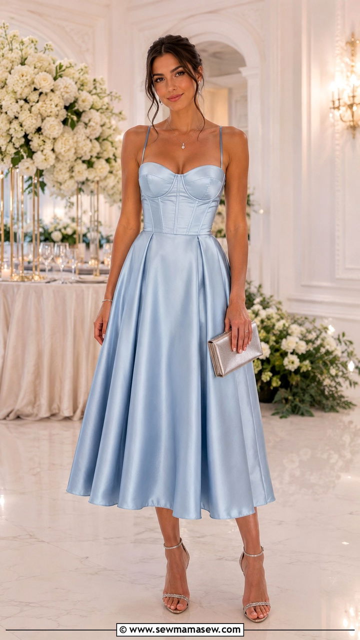 Corset Bodice Tea Length Dress With Delicate Jewelry - 20 Wedding guest outfit ideas tea length dress