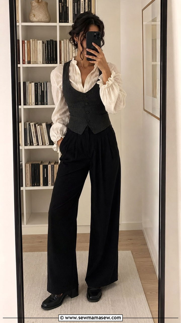 Corset Inspired Waistcoat With Poet Shirt and Wide Leg Trousers - 30 casual poetcore outfits