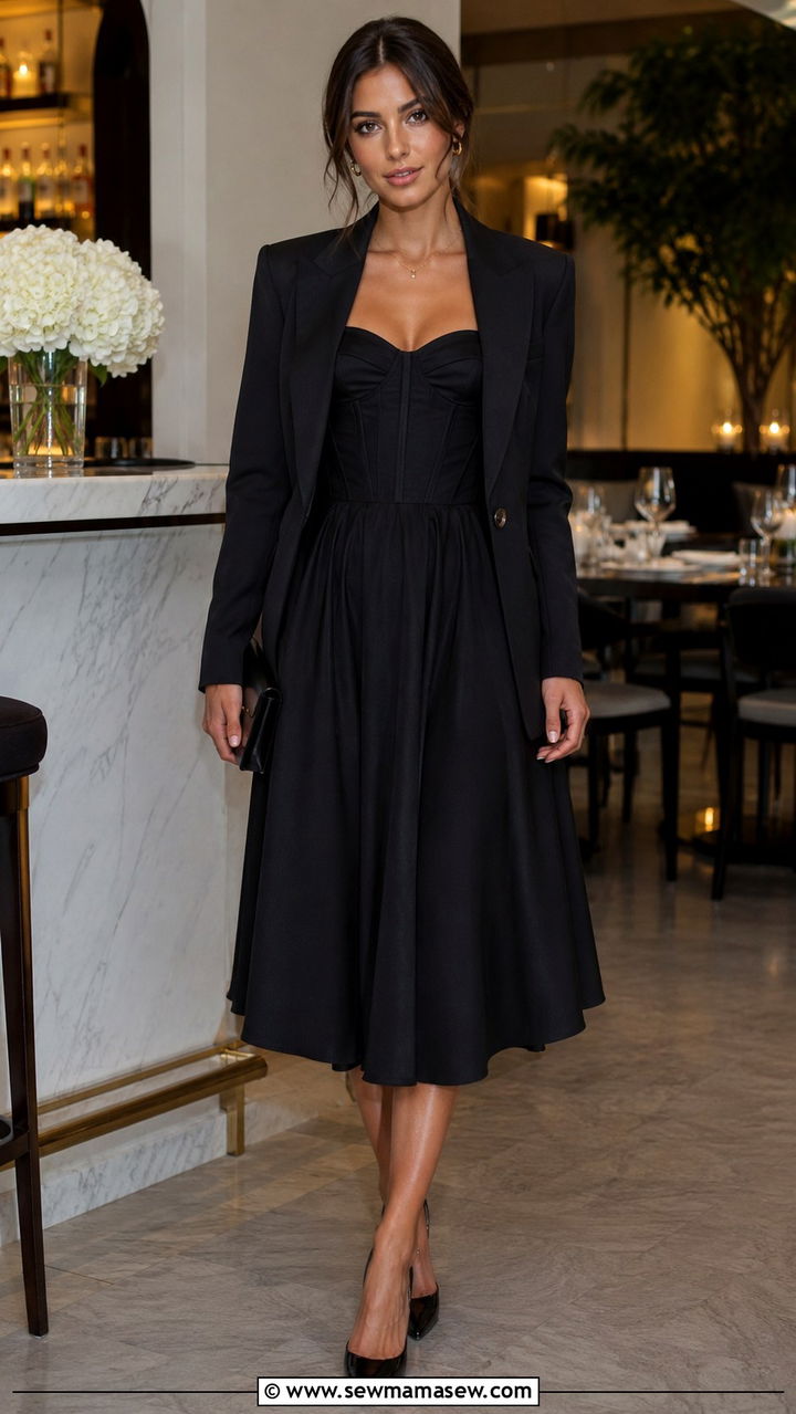 Corset Midi Dress With Blazer and Pointed Toe Heels - 30 Midi dress outfit ideas with a jacket